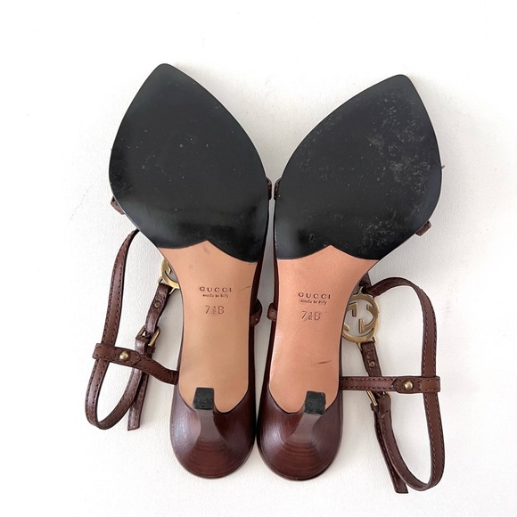 GUCCI | GG Logo Brown Leather Strappy Heels Sandals Size 7.5 - Picture 15 of 16
